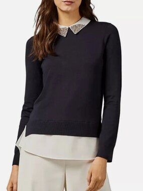 Ted Baker Liaylo Sparkle Rhinestone Collar Layered Sweater in Dark Navy Sz 1
